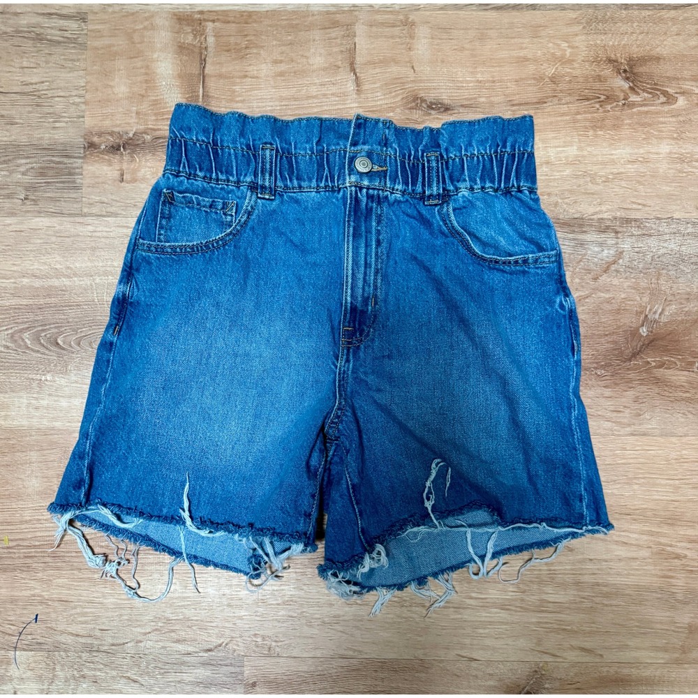 Aeropostale Denim Mom Shorts High Waist Elastic Waist Frayed Hem Size M